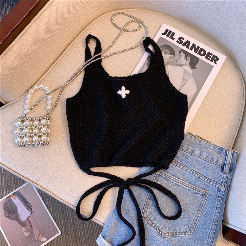 Áo Hai Dây Dệt Kim Dáng Ngắn Thời Trang Mùa Hè 2023 Cho Nữ Lưng