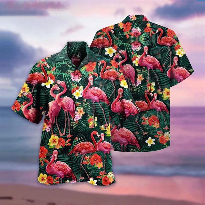 Áo Sơ Mi Tay Ngắn In Họa Tiết Chim Hồng Hạc Phong Cách Hawaii Cho Cặp Đôi