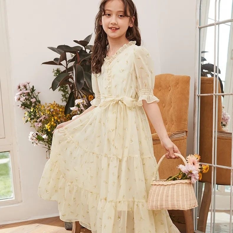 Đầm Chiffon Dáng Dài Tay Ngắn Thời Trang Mùa Hè Xinh Xắn Cho Bé Gái