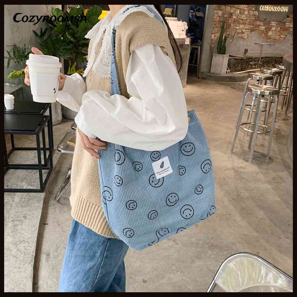 Túi Xách Tote Vải Nhung Kẻ Retro Hình Mặt Cười Dễ Thương Cho Nữ Sinh