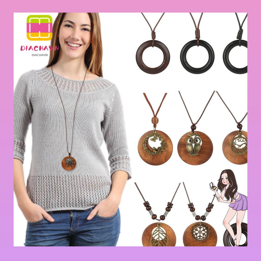 Vòng cổ Da Phối Mặt Gỗ Phong Cách Vintage Thời Trang Cho Nữ