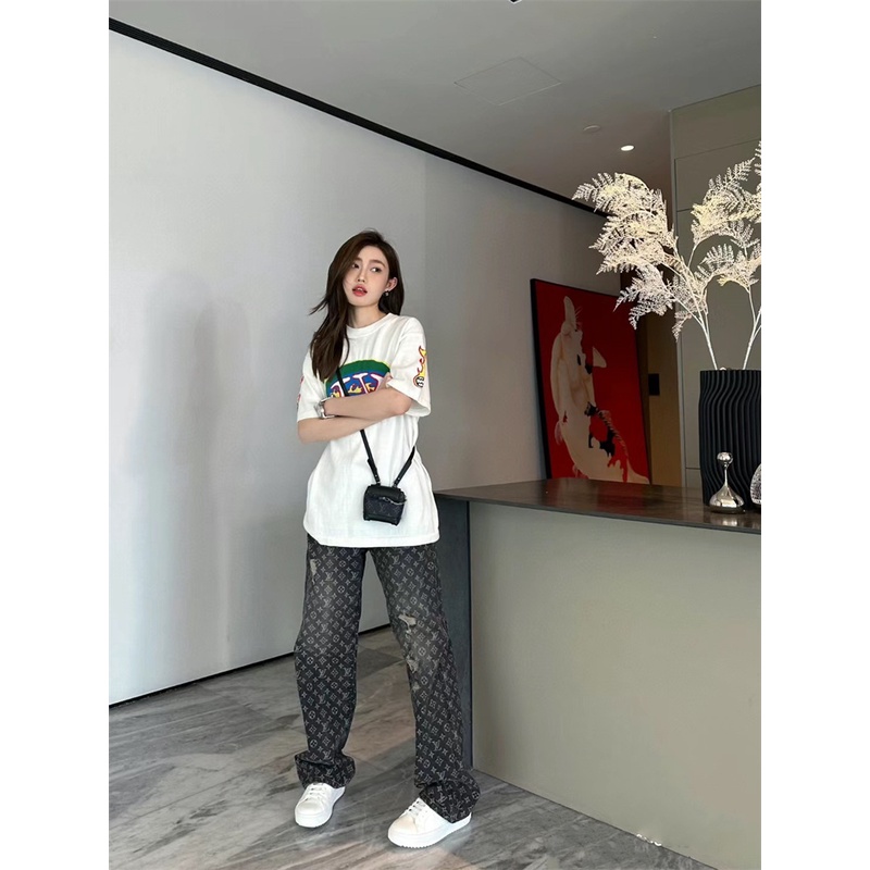 L1v &amp; - Áo Thun Tay Ngắn Jacquard Cổ Tròn Nhãn Màu Xanh Lá Lửa Bóng Chày Thời Trang Đường Phố Cao Cấp Unisex Dfhrtsj