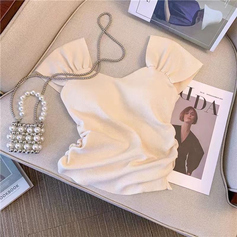 Áo Dệt Kim Tay Ngắn Cổ Vuông Màu Trơn Thời Trang Mùa Hè Xinh Xắn Cho Nữ