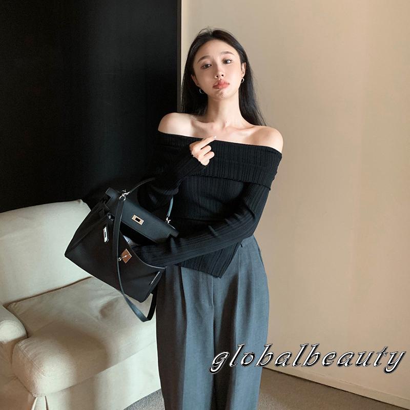 Áo Dệt Kim Dài Tay Trễ Vai Màu Sắc Đơn Giản Cho Nữ