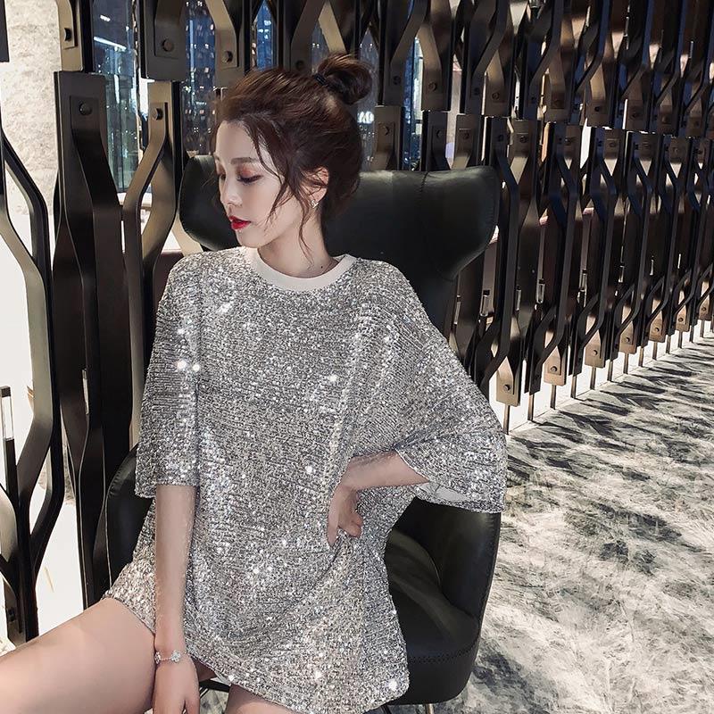 Áo Thun Tay Lỡ Dáng Rộng Đính Kim Sa Lấp Lánh Phong Cách Hàn Quốc Thời Trang Xuân Hè