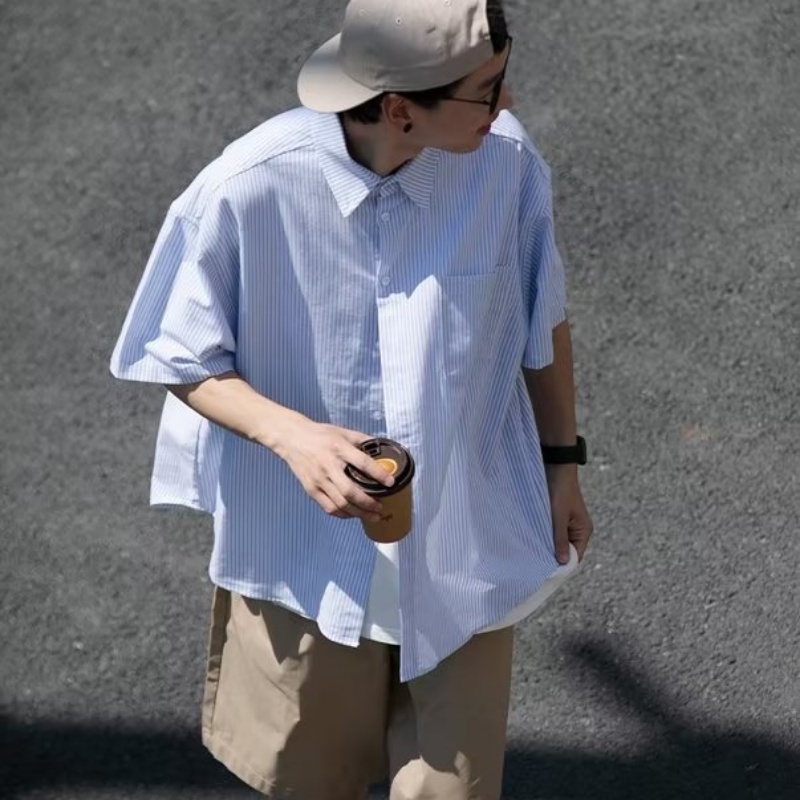 Áo Sơ Mi Tay Ngắn Dáng Rộng Vải Cotton Họa Tiết Kẻ Sọc Phong Cách Nhật Bản Cao Cấp