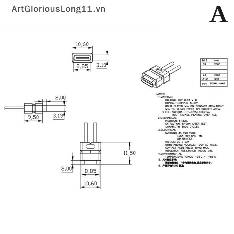 Giao Diện Sạc Nhanh ArtGloriousLong Type C 2 Pin Cổng female Chống Thấm Nước
