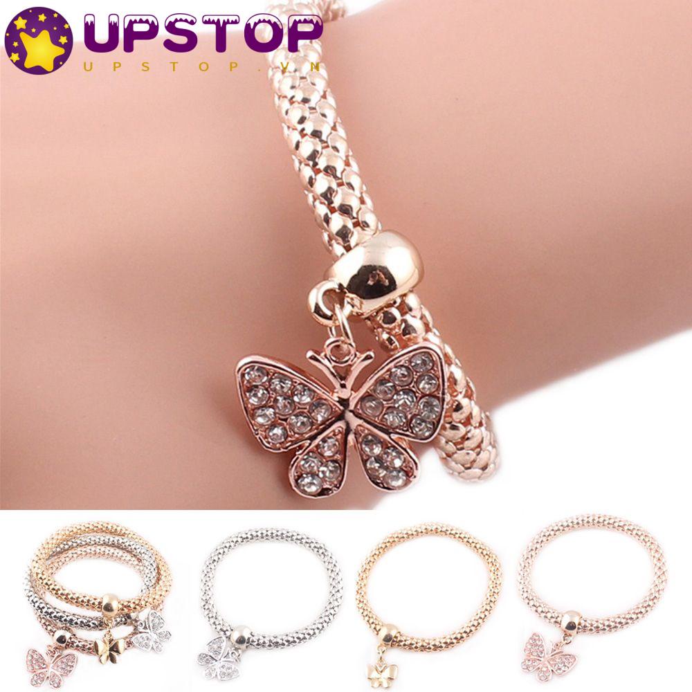 Set 3 Vòng Tay Nhiều Lớp Thời Trang Cho Nữ|Hoa Hồng Giả Trang Trí|Mặt Dây Chuyền Hình Bướm / Trái Tim Thanh Lịch