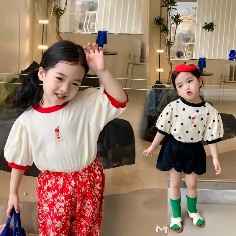 Áo Thun Tay Ngắn Họa Tiết Chấm Bi Phối Màu Tương Phản Thời Trang Phong Cách Hàn Quốc Cho Bé Gái