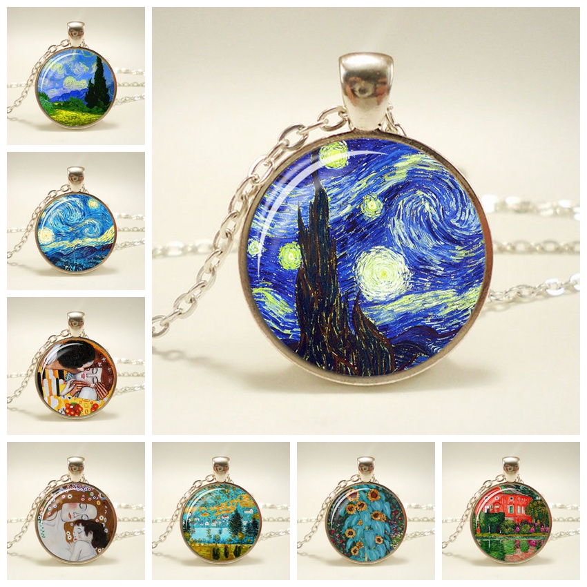 Mới Vòng cổ Mặt Thủy Tinh Cabochon Hình Tranh Van Gogh Phong Cách Cổ Điển 2023