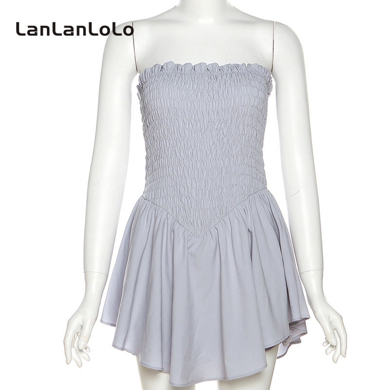 Đầm LanLanLoLo dáng ôm hở vai xếp ly màu trơn thời trang mùa hè 2023 cho nữ