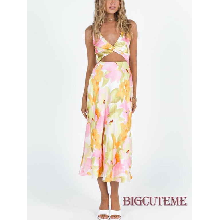 Đầm Dài Không Tay Cổ Chữ V Hở Lưng Họa Tiết Hoa Thời Trang Mùa Hè Cho Nữ