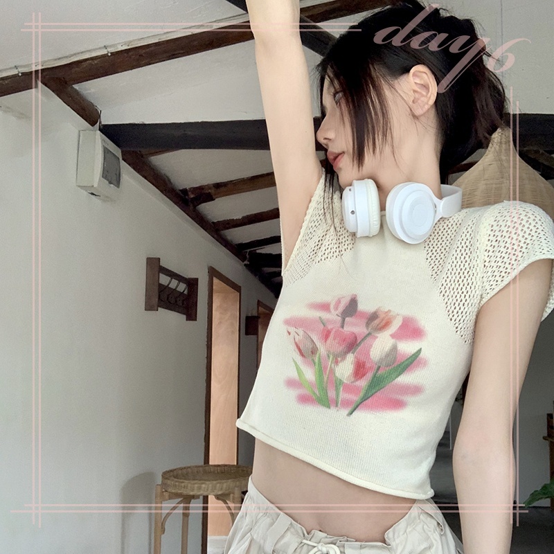 Áo Thun Dệt Kim Cổ Tròn Khoét Lỗ Đơn Giản Ngọt Ngào Cho Nữ