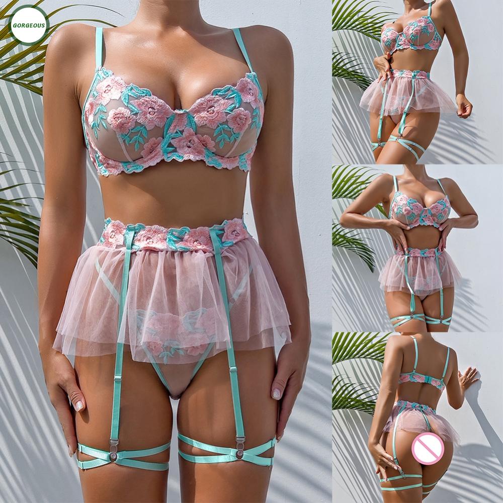 New Coming~Gorgeous 3 Piece Women's Lace Embroidery Lingerie Set Bra G string Garter Belt Underwear#Home Essentialses