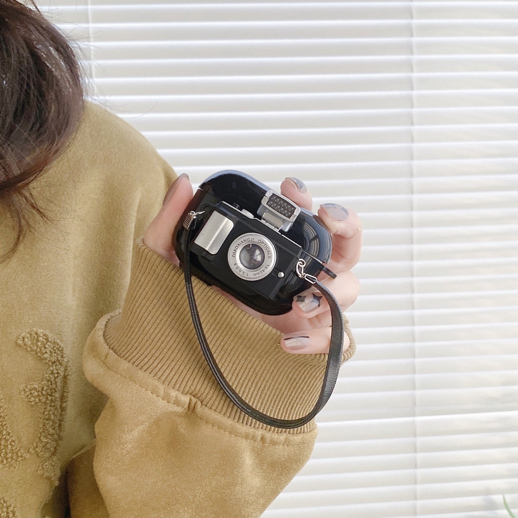 Vỏ Bảo Vệ Hộp Sạc Tai Nghe Bluetooth Airpods 1 2 3 Pro Airpods3 Bằng TPU Dẻo Hình Máy Ảnh 3D Màu Đen Bóng Kiểu Vintage