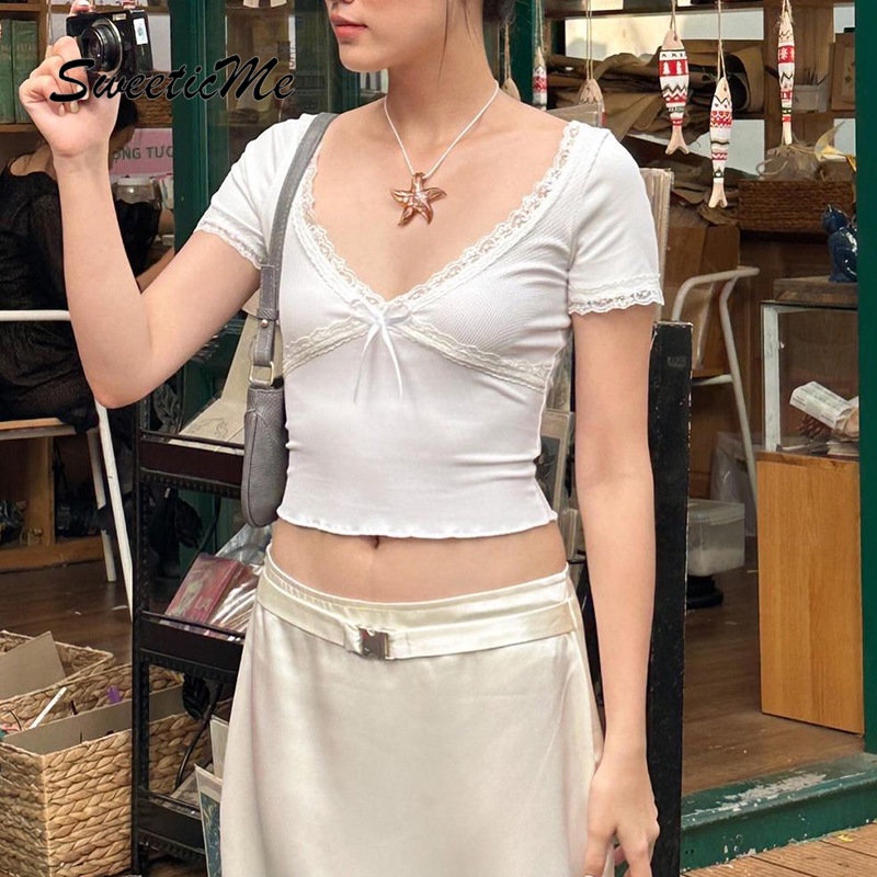 Áo Thun Tay Ngắn Cổ Chữ V Màu Trơn Phối Ren Thời Trang 2023 Cho Nữ