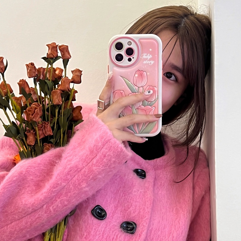 Ốp Điện Thoại Da Silicon Mềm Chống Sốc Phối Lỗ Tròn Hình Hoa Tulip Cho iPhone 14 13 12 11 Pro Max 14 Plus