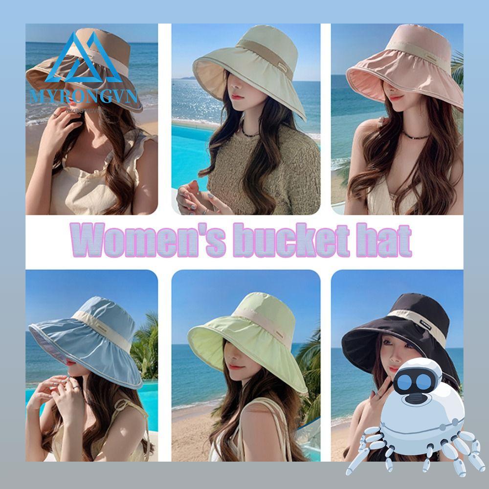 Myrongvn Mũ Bucket Thắt Nơ Màu Trơn Phong Cách Đi Biển Mùa Hè Cho Nữ
