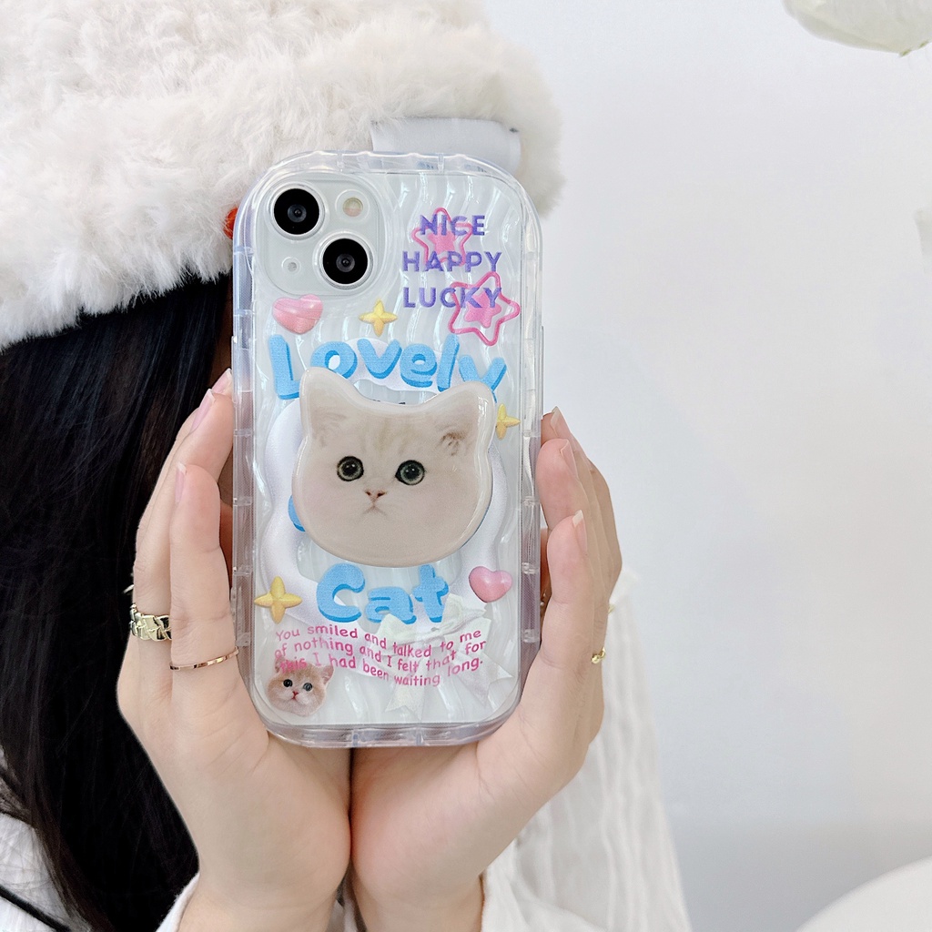 Ốp Điện Thoại TPU Dẻo Trong Suốt Họa Tiết Hoạt Hình Chú Mèo Kèm Giá Đỡ Cho iPhone 13 12 11 Pro Max 14 Plus