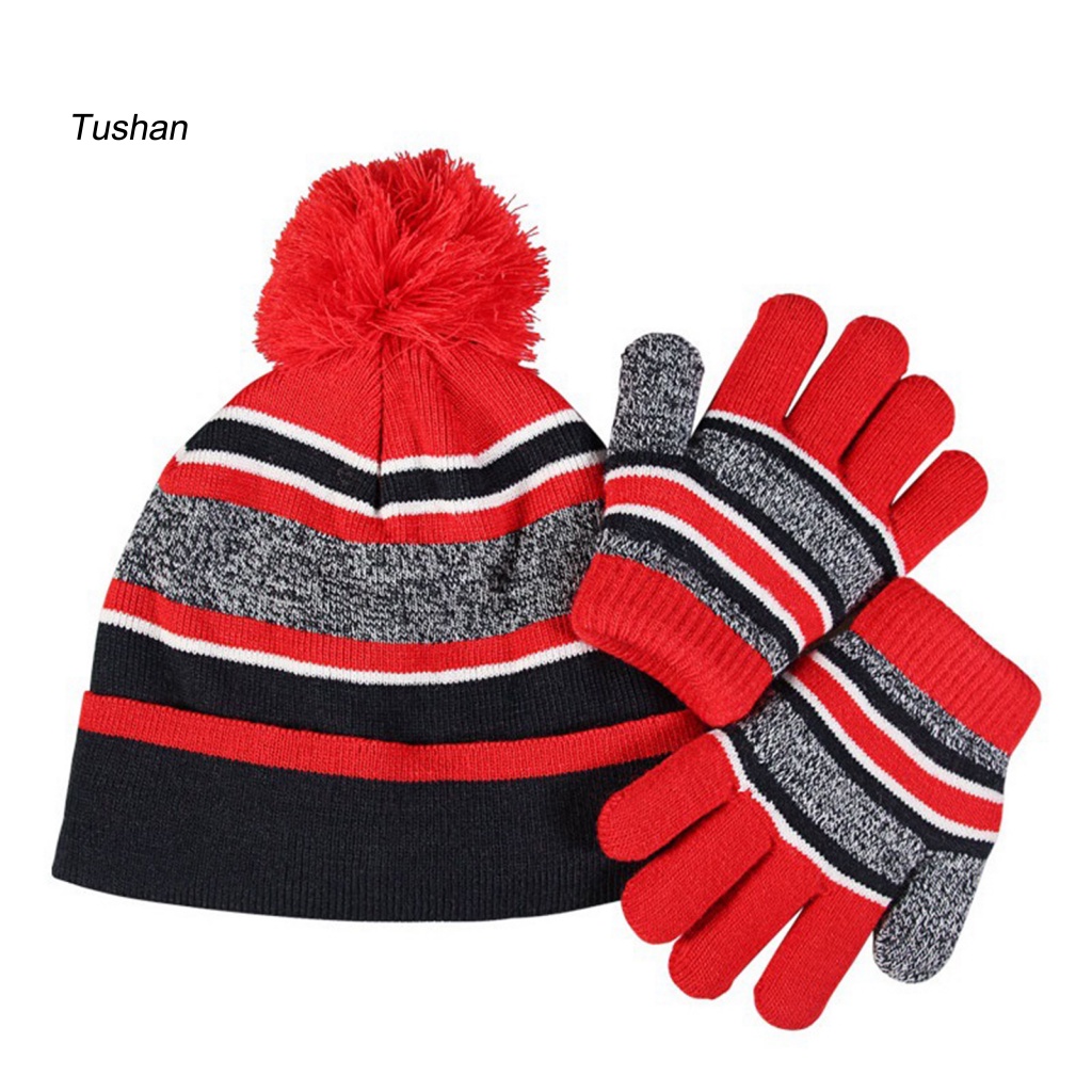 1 Bộ Găng Tay Và Mũ Len Họa Tiết Kẻ Sọc Thời Trang Thu Đông Cho Bé