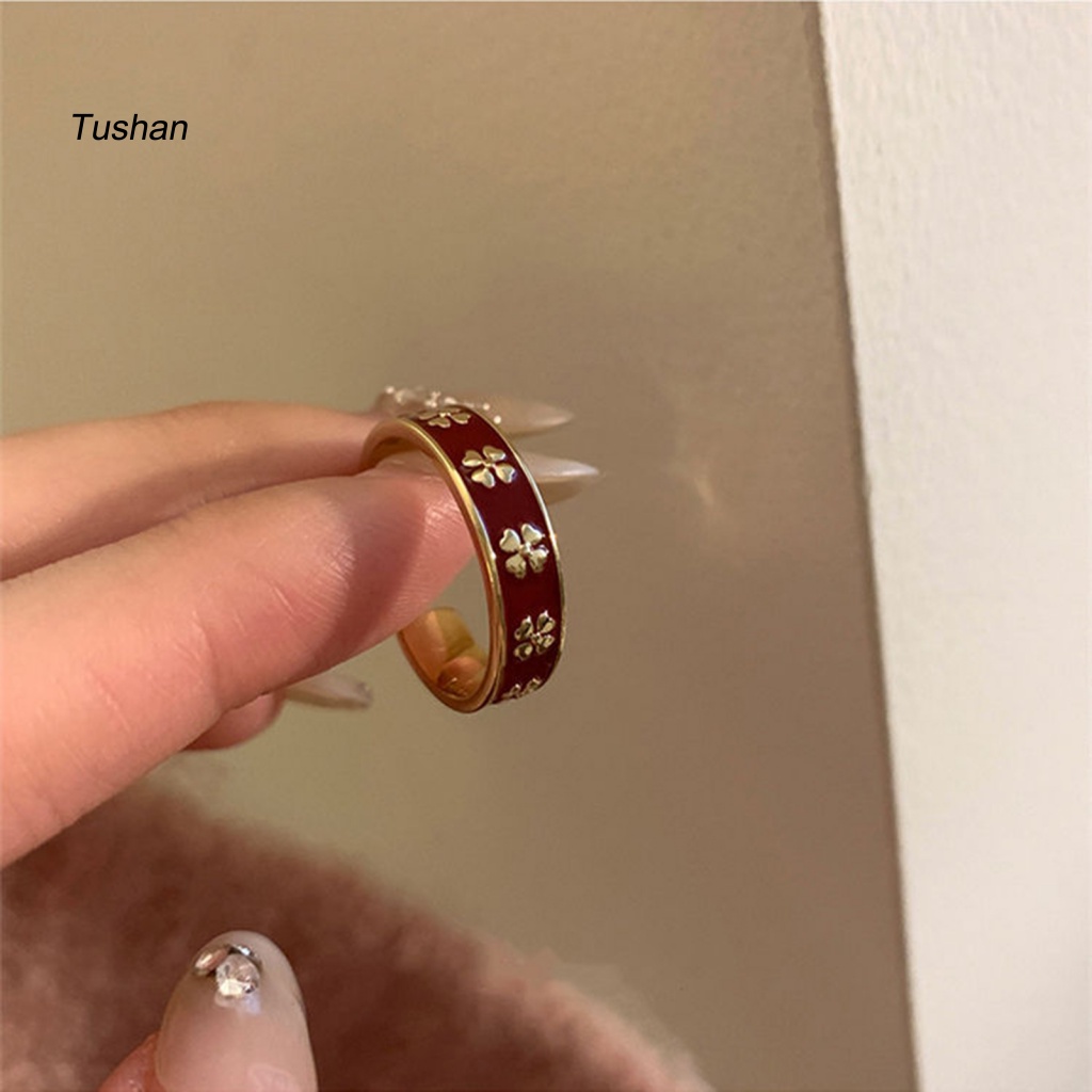 [Ts] Nhẫn Hở Hình Cỏ Bốn Lá Bằng Kim Loại Tráng Men Màu Đỏ Thanh Lịch Có Thể Điều Chỉnh Kích Thước Thời