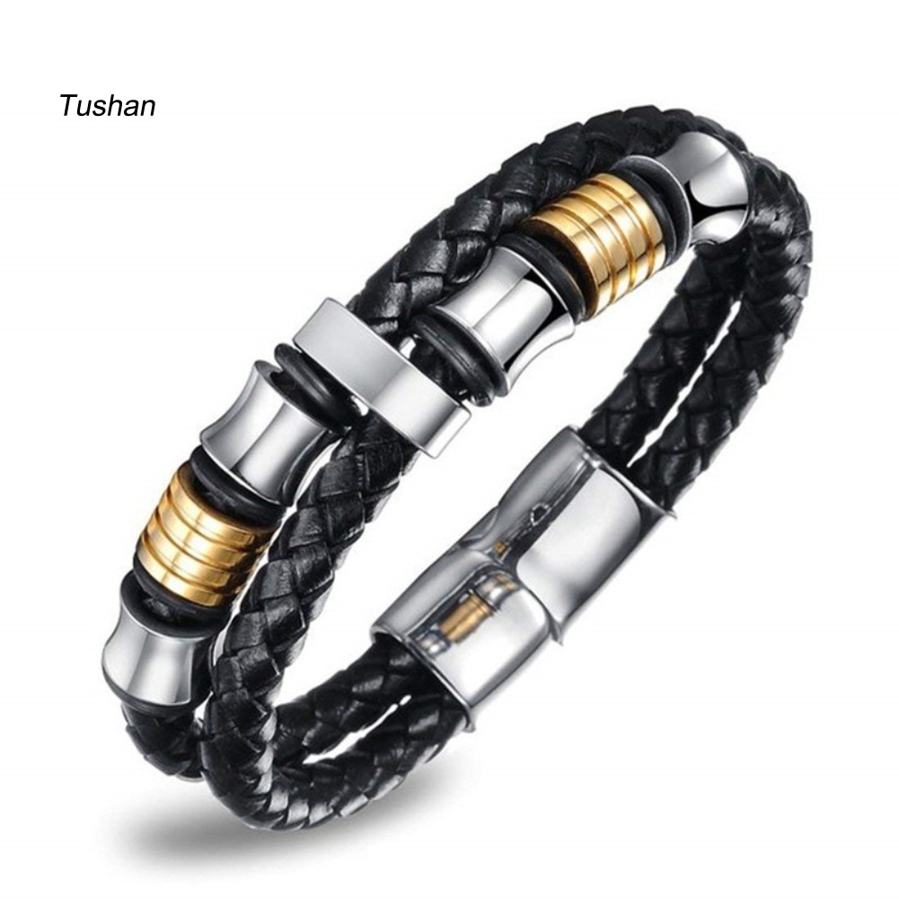 Vòng Tay Bện Dây Da Giả Hai Lớp Với Khóa Cài Nam Châm Thời Trang Cho Nam