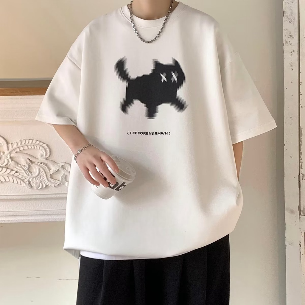 Áo Thun Tay Lỡ Chất Liệu Cotton Nguyên Chất In Họa Tiết Chú Mèo Phong Cách Retro Thời Trang Mùa Hè Cho Nam 320g