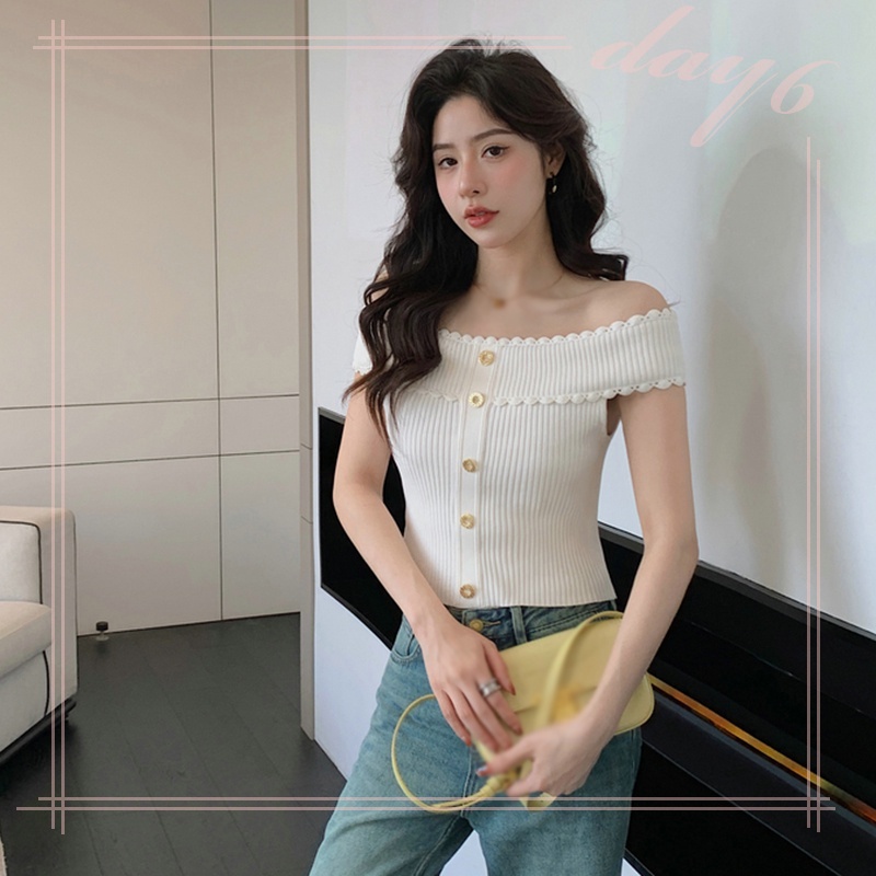 Áo Dệt Kim Tay Ngắn Trễ Vai Phối Ren Màu Trơn Thời Trang Cho Nữ