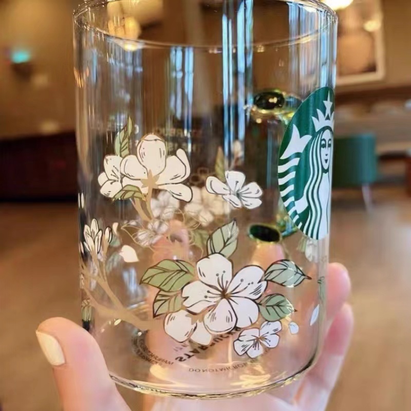 Cốc thủy tinh Starbucks tay cầm màu xanh lá cây mới cốc thủy tinh dung tích lớn cốc cà phê cốc sữa cốc uống nước 500ML