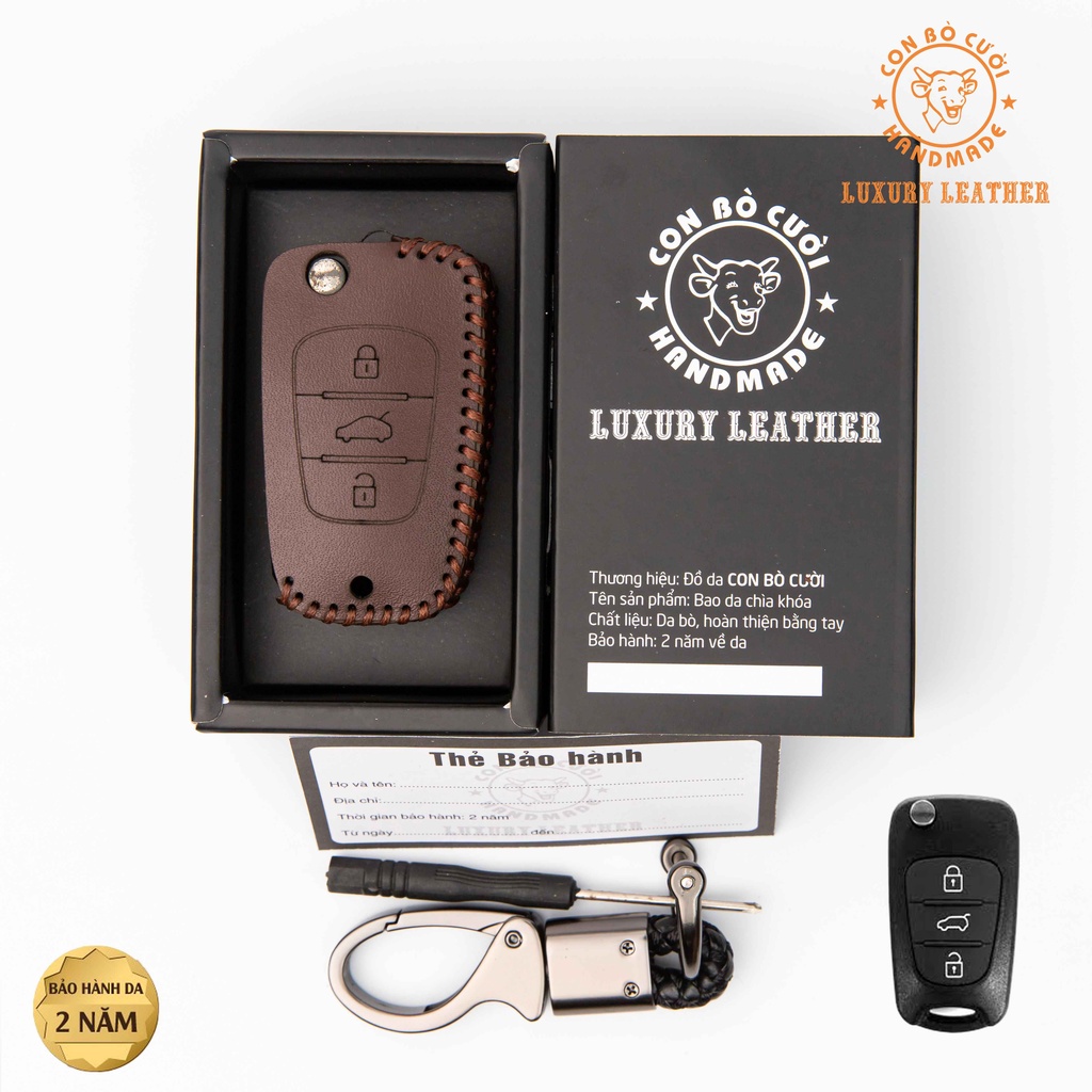 Bao Da Chìa Khóa Kia Gập nhỏ 3 nút Morning, Forte, Carent, Da Bò Thật 100%. Bảo Hành Da 2 Năm