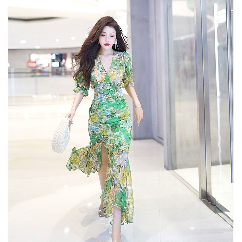 Đầm Mùa Hè 2023 Eo Hẹp Cao In Họa Tiết Màu Xanh Lá Đậm Sang Trọng Thời Trang Cao Cấp