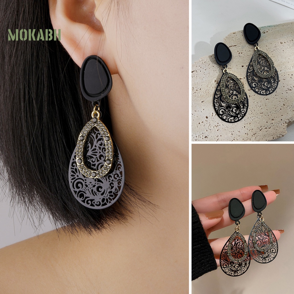 1 Đôi Bông Tai Hình Giọt Nước Dát Đá Đen Phong Cách Bohemia Cổ Điển Thời Trang