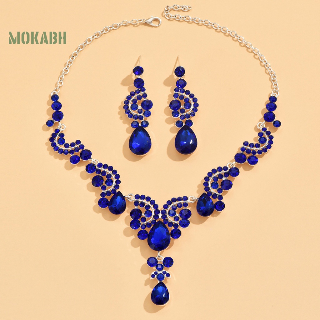 1 Bộ Vòng cổ + Bông Tai Đính Đá Hình Giọt Nước Lấp Lánh Sang Trọng