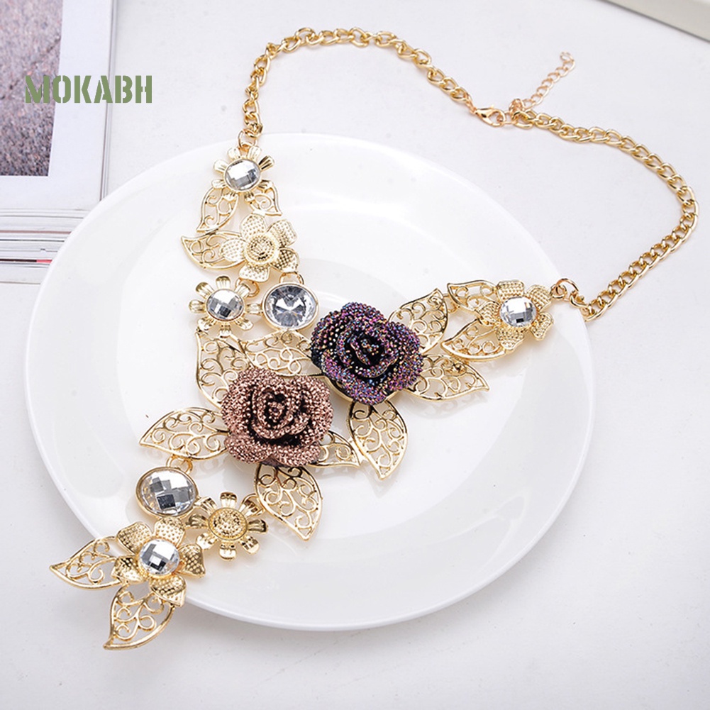 Bộ Vòng cổ + Bông Tai Đính Đá Hình Hoa Lá Rỗng Thời Trang Cho Nữ