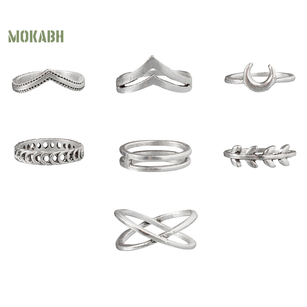 [Hot] Bộ 7 Nhẫn Hợp Kim Nhỏ Gọn Mặt Trăng Lá Cây Thánh Giá Cho Bữa Tiệc