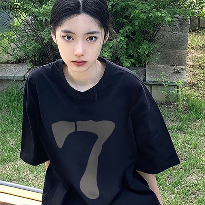 Áo Thun Nữ Ngắn Tay Cổ Tròn In Số Phong Cách Retro