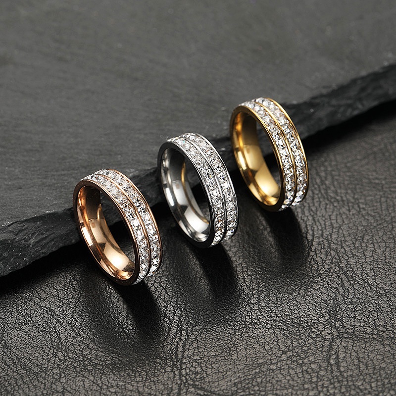 Nhẫn Inox Mạ Titan Đính Đá zircon Hai Hàng 8mm Thời Trang Mới Cho Nữ