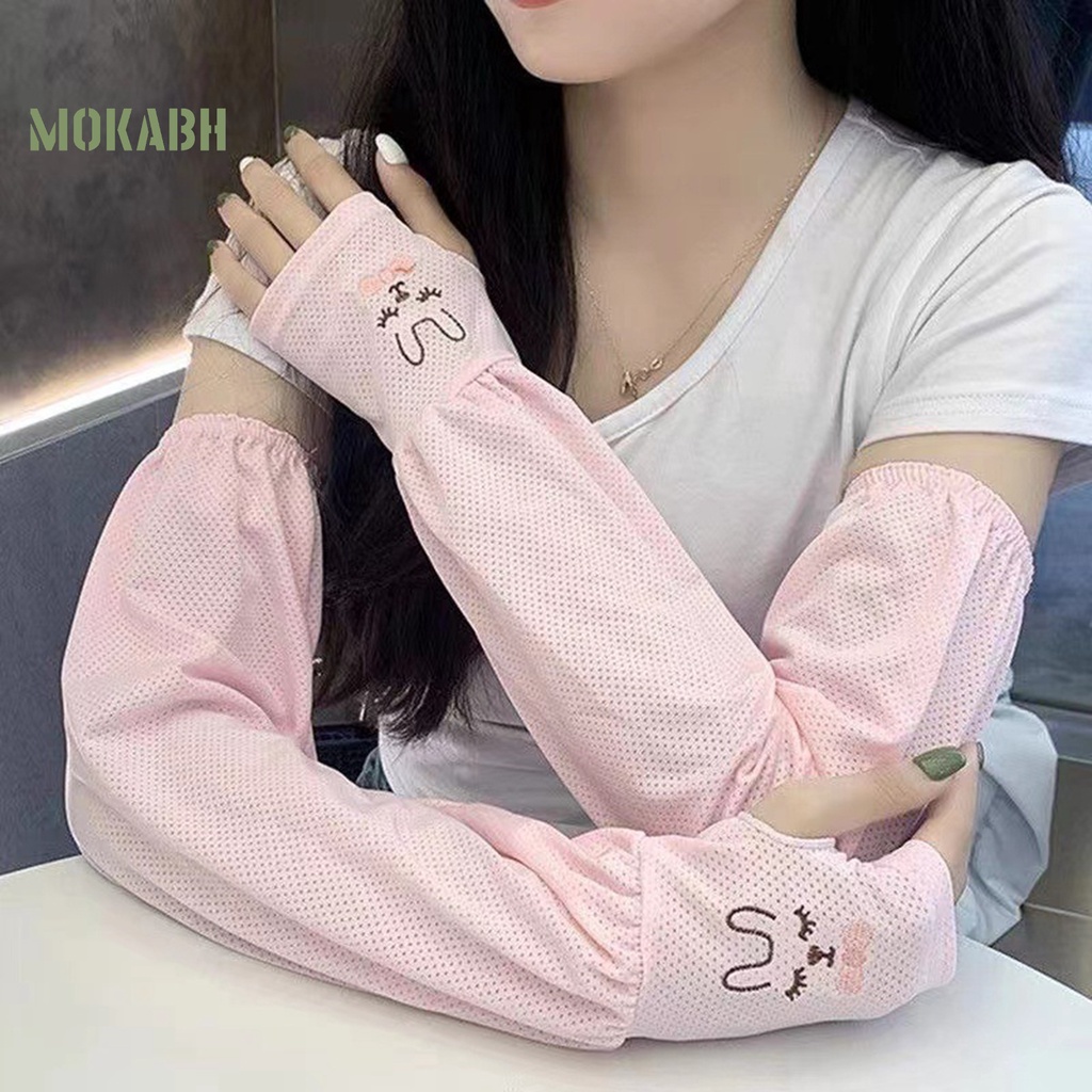 1 Cặp Găng Tay Chống Nắng Chống Trượt Bằng Lụa Lạnh Co Giãn Thêu Họa Tiết Thỏ