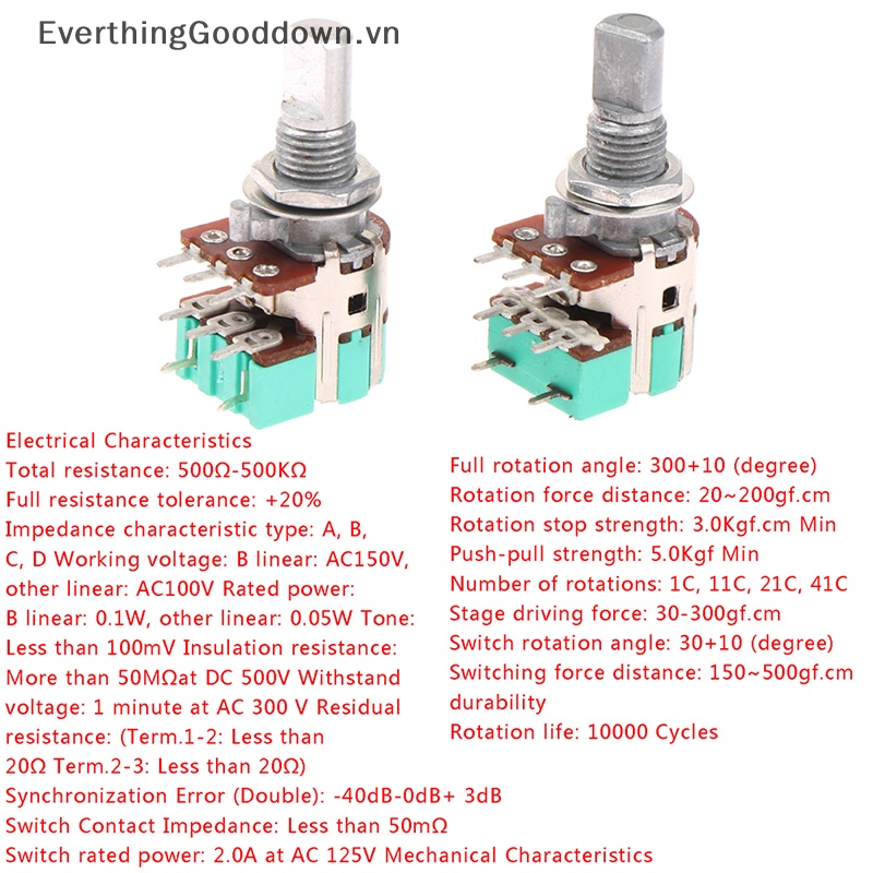 Chiết Áp Âm Thanh Nổi H120 A50K A10K 15mm Có Công Tắc