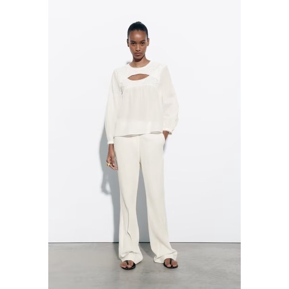 Zara Áo Sơ Mi Trắng Tay Dài Dáng Rộng Phối Ren Thời Trang Mùa Hè Cho Nữ 3666122