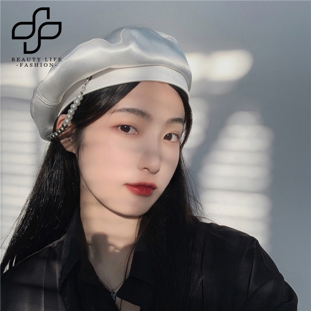 Nón Beret Không Vành Đính Ngọc Trai Giả Màu Trơn Thời Trang Cho Nữ