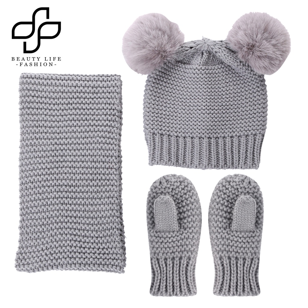 Bộ Nón + Găng Tay Dệt Kim Ấm Áp Màu Trơn Thời Trang Thu Đông Cho Bé