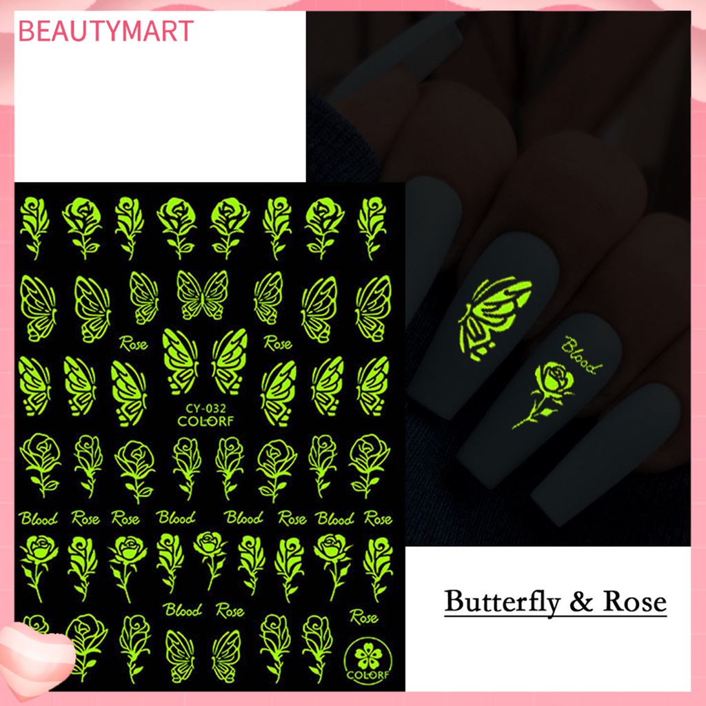 [beautymart] Miếng Dán Móng Tay Hiệu Ứng Dạ Quang Phát Sáng Trong Bóng Tối Hình Bướm Và Ngọn Lửa