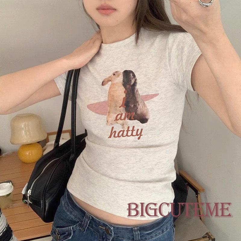 Áo Thun Crop Top Tay Ngắn In Hình Thỏ Dễ Thương Thời Trang Mùa Hè Cho Nữ
