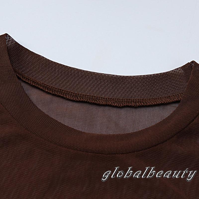 Áo Croptop Tay Ngắn Cổ Tròn Phối Lưới Thêu Chữ Phong Cách Đường Phố Cho Nữ