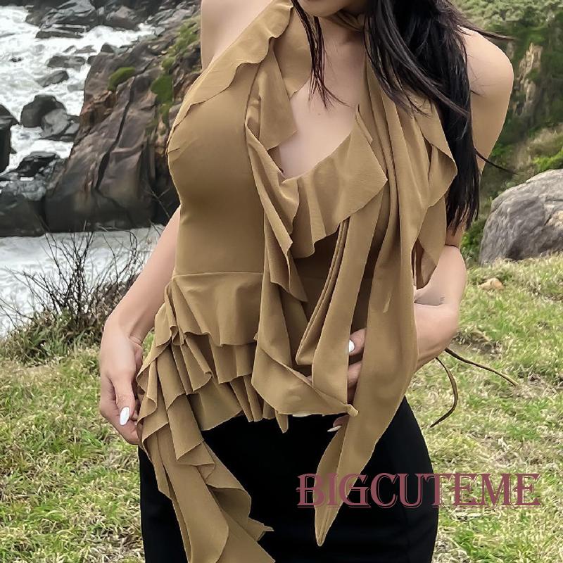[] Áo Cổ Chữ V Hở Lưng Phối Tua Rua + Khăn Choàng Cổ Mùa Hè Đường Phố Cho Nữ