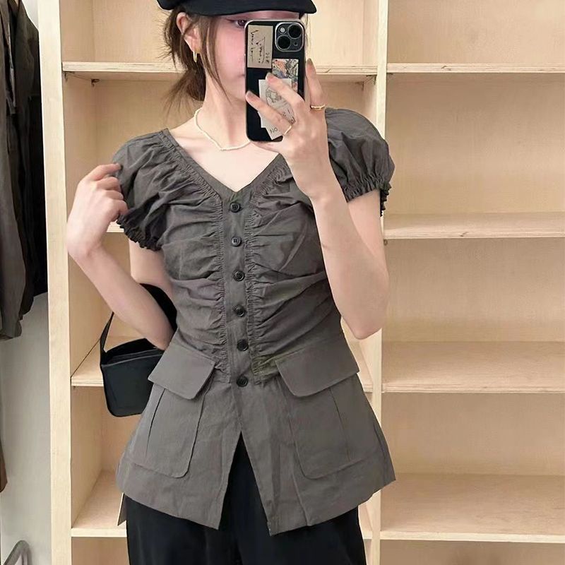 Áo Sơ Mi Không Tay Cổ Chữ V Xếp Ly Cài Khuy Thời Trang Mùa Hè Cao Cấp