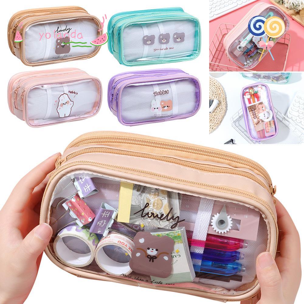 Túi Đựng Bút Chì Ba Ngăn Màu Trơn Hình Vuông Trong Suốt Có Khóa Kéo