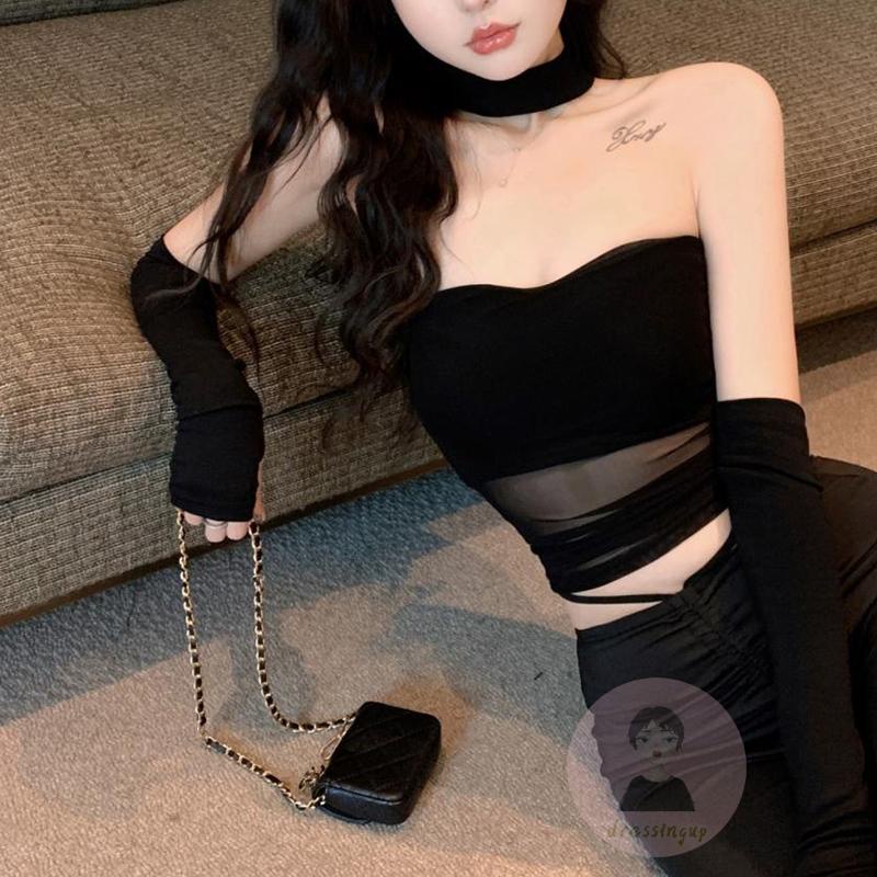 Áo Ống Hở Lưng Dạng Lưới Màu Trơn Kèm Vòng Cổ Dành Cho Nữ