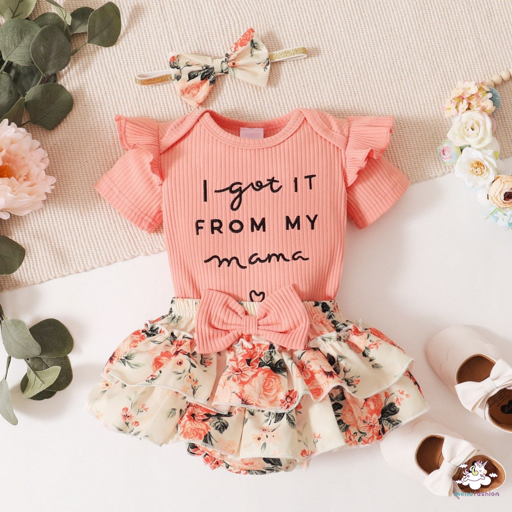 Bộ Áo Liền Quần Tay Ngắn In Chữ Gân + Quần Sooc Hoa Nhiều Lớp + Băng Đô Cài Tóc Thời Trang Cho Bé Gái